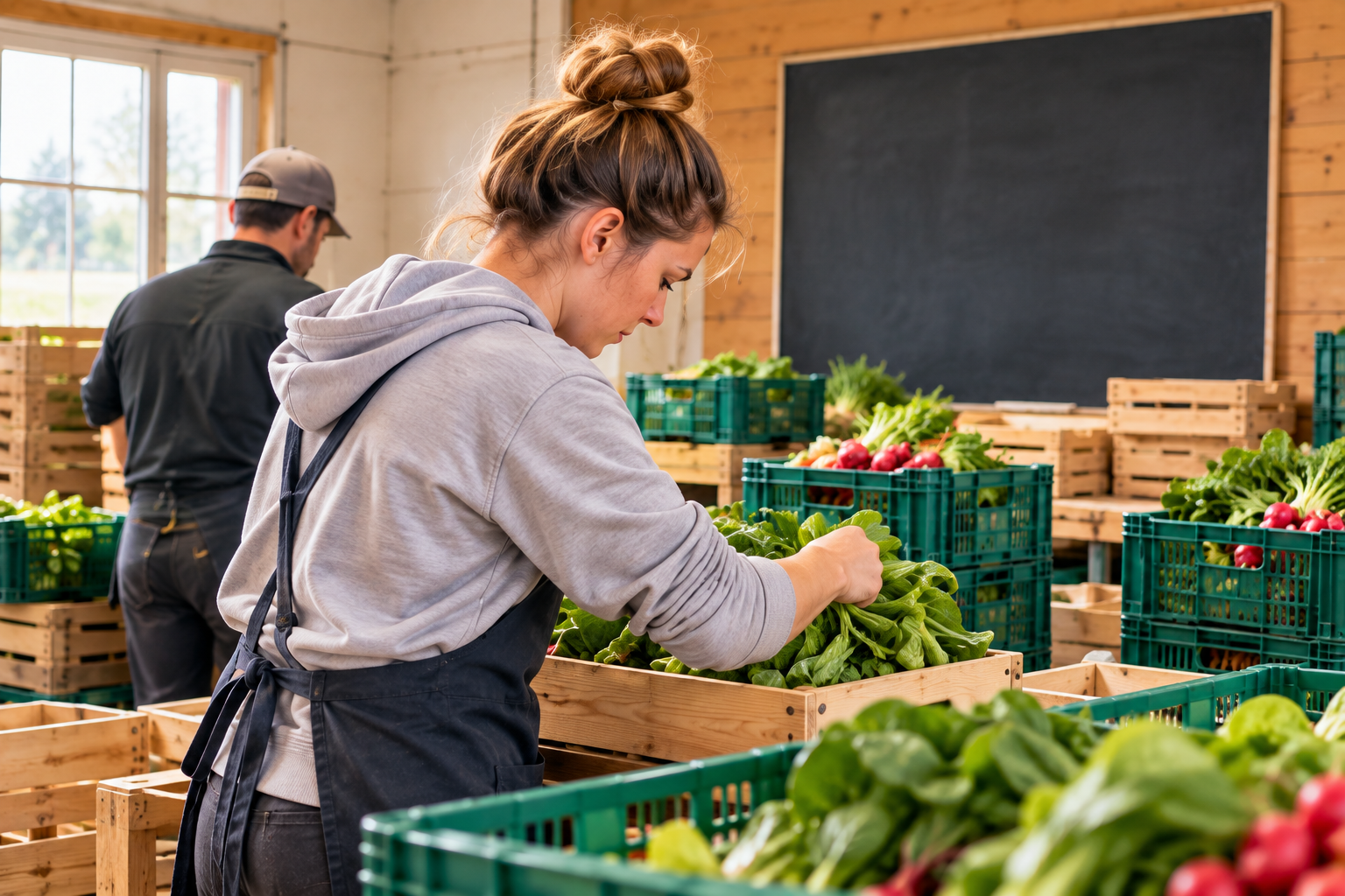 Scène illustrative d’une équipe préparant les cagettes de légumes