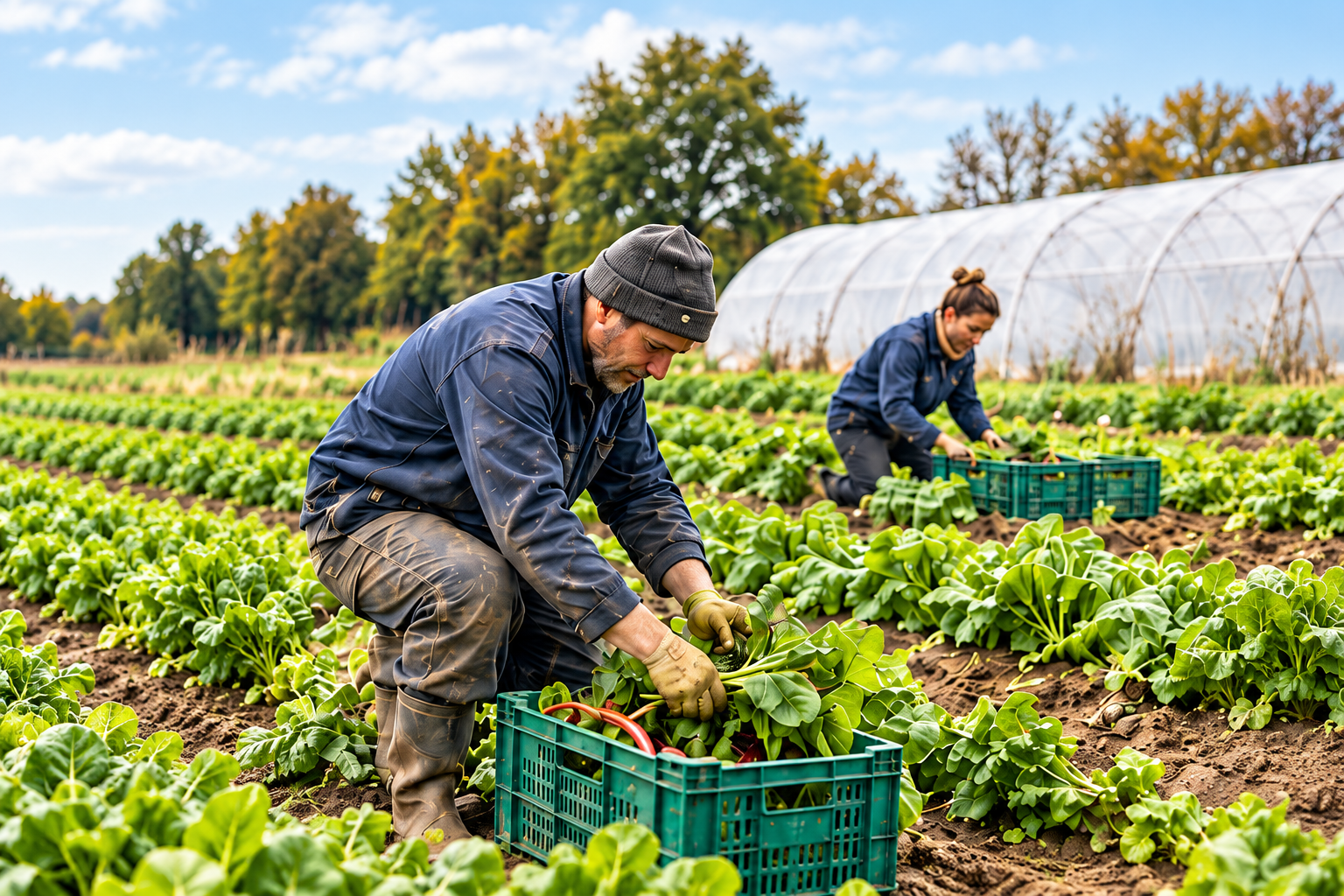 Scène illustrative de récolte de légumes dans une ferme